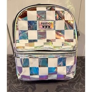 NWT Justice Girls Mini Backpack Holographic Iridescent Checkerboard Silver